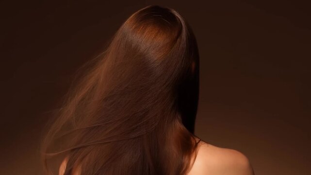 Slow motion hair sweep across shoulders in studio with warm brown backdrop and gentle wind