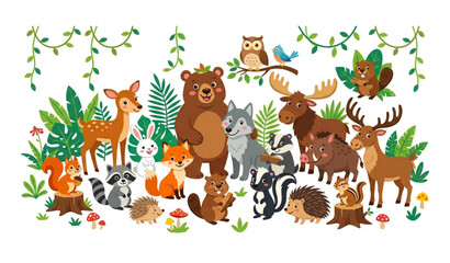 Fototapeta premium Cute Cartoon Forest Animal Vector Set with Bear Wolf Deer Rabbit and Woodland Friends