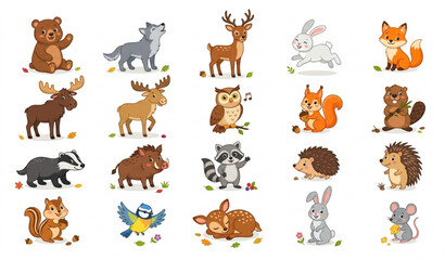 Obraz premium Cute Woodland Animal Cartoon Vector Collection for Kids Nursery and Education