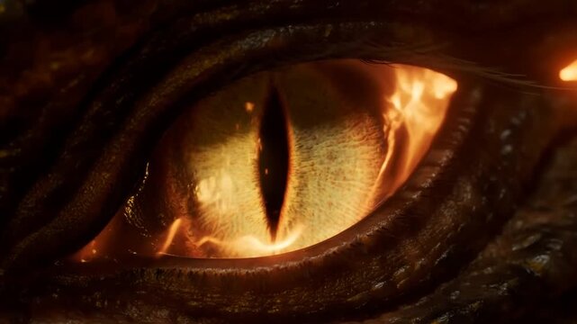 Slow motion close up reptile eye reflecting flickering firelight inside dark cave lair with shifting slit pupil
