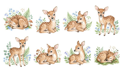 Fototapeta premium Untitled design - Watercolor Baby Deer with Blue Wildflowers PNG Woodland Forest Animal Collection