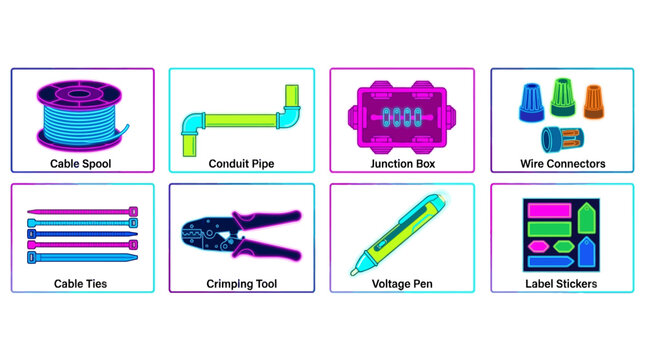 Colorful neon illustration of electrical components including cable spool conduit pipe junction box wire connectors and tools for electrical wiring and repair