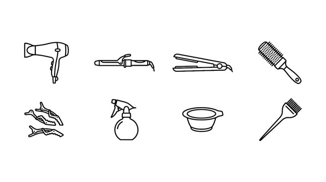 Line Drawing of Hairdressing Tools Set for Salon or Barber Shop, Including Hair Dryer, Curling Iron, Comb, Spray Bottle, Clip, Tongs, Dabber and Hairbrush, Perfect for Hair Care