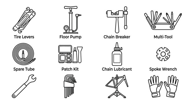 Set of 12 black outline line icons for car repair and maintenance tools including tire levers, floor pump, chain breaker, multi-tool, spare tube, patch kit, chain lubricant, spoke wrench, wrench