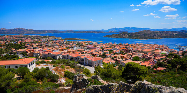 Aerial view of La Maddalena, capital city of the eponym archipelago located in the Mediterranean Sea in Sardinia, Italy
