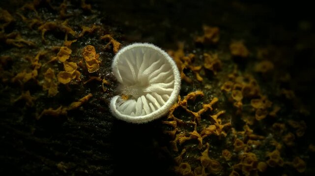 Forest Mushrooms Growing in Macro Close Up, Wild Fungi Nature 4K Video. Panellus pusillus. 