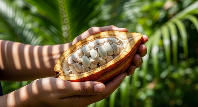 Hands holding a freshly opened cocoa pod revealing raw beans in a tropical setting.