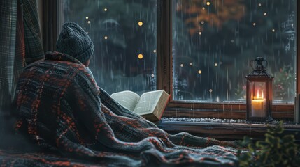 Fototapeta premium Person wrapped in a warm blanket sits by a window reading a book while rain falls outside at night.