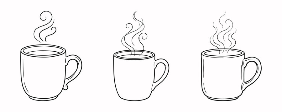 Minimalist Line Art Coffee Mugs with Rising Steam Vector Illustration