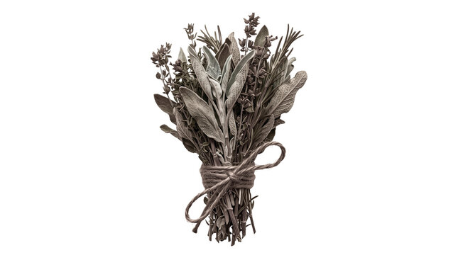 Dried herb bundle tied with jute twine, sage and lavender witchcraft bouquet isolated on transparent background