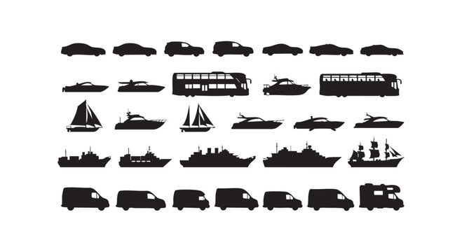 Large set of various transport vehicle silhouettes showing different types of cars boats buses and cargo ships icons.