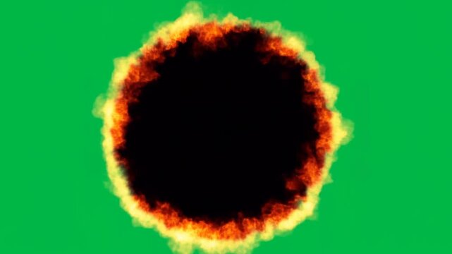 Slow motion expanding fiery ring explosion growing outward against green screen background with rising smoke and increasing scale