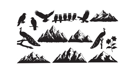 Fototapeta premium Mountain landscape and bird silhouettes including eagles, owls, and peacocks, complemented by a single flower design.