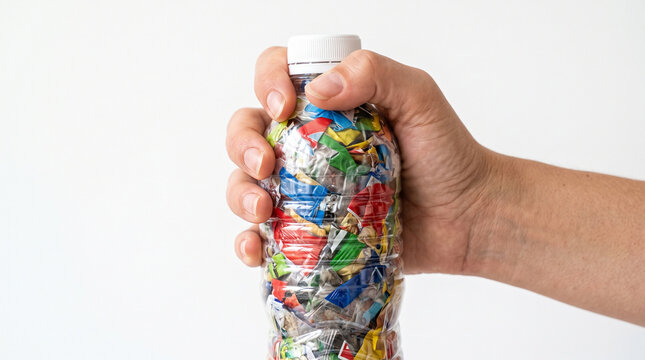 hand holding plastic bottle packed with non-recyclable trash on white background 