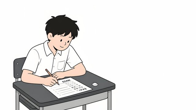 Young male student filling out answers on exam sheet paper at classroom desk for school test examination