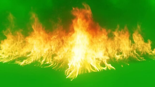 Slow motion fireball explosion expanding into rolling wall of flames on green screen backdrop for compositing and visual effects