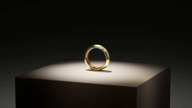 Slow motion rotation of gold ring on illuminated pedestal in dark studio close up reveal with soft spotlight and subtle shadow