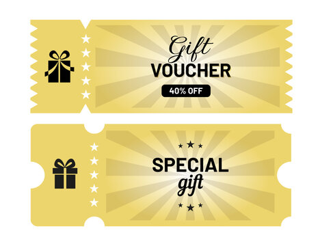 Gold gift voucher and special gift ticket set with present icons and discount design. Vector coupons for promotions, rewards, giveaways, shopping, holidays and special offers.