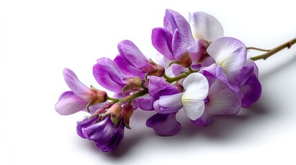 Obraz premium Delicate sprig of purple and white flowers, exhibiting a gradient of color from deep violet to pale lavender, with unopened buds nestled amongst the blossoms, set against a stark white background