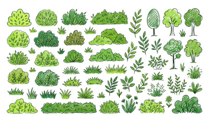 Green Pencil Sketch Bushes Grass and Tree Shapes Doodle Vector Collection © Mehedi
