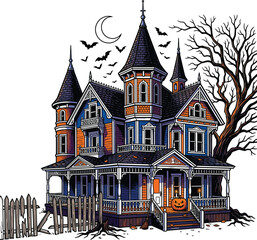 Vintage colorful haunted house with turrets and spooky tree at night © Nusrat