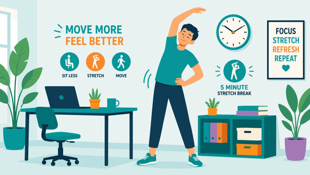 Man stretches mid-office break. He smiles, relaxed, energized. Clock shows five minutes passed. Desk, plants, and laptop nearby. Ideal for wellness, productivity, or health tips