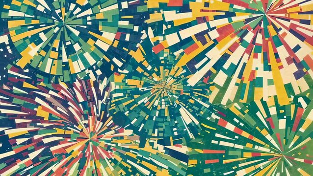 Colorful abstract firework pattern with repeating geometric shapes. Decorative explosion design for celebration background. Digital mosaic art for festive event party.