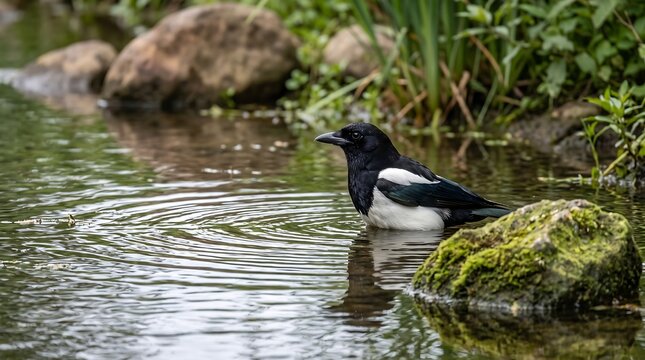 Eurasian magpie standing in a pond