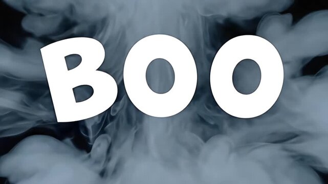 The word BOO enveloped in thick, swirling white smoke against a dark background, perfect for Halloween
