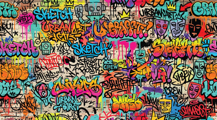 Vibrant urban graffiti wall art background with colorful street tags and artistic drips © S.Siam