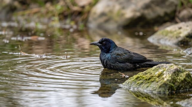 Common grackle bathing in a shallow stream