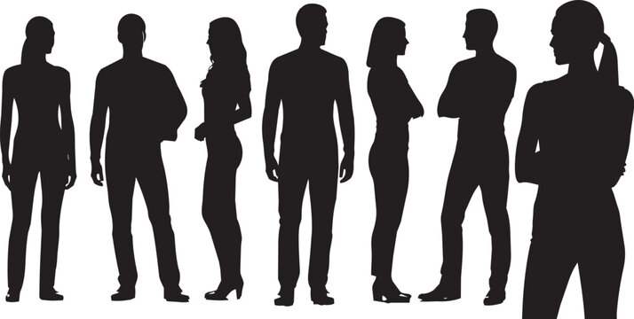 Diverse adult silhouettes in a line against a white background representing unity and population