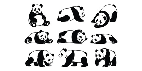 Collection of panda bear silhouettes in different resting and walking poses Keywords: panda, bear, animal, wildlife, silhouette, resting, sleeping, walking, playful © Vectorplanet