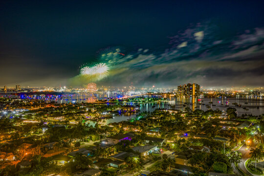 aerial view of fireworks over Intracoastal