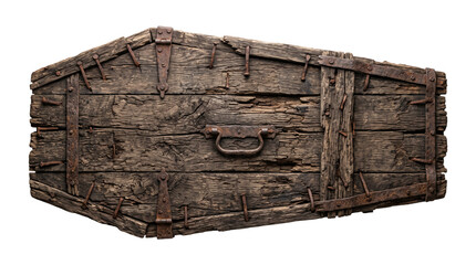 Fototapeta premium Old rustic wooden coffin lid with rusty metal hinges and handle, vintage spooky casket texture isolated on transparent background