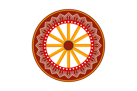 Flat design vector illustration of decorative Konark Sun Temple chariot wheel emblem isolated on white background Generative Ai