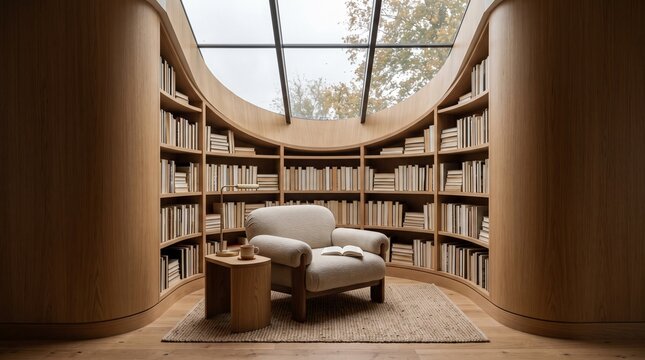 Minimalist Reading Alcove with Curved Oak Wall and Skylight Interior