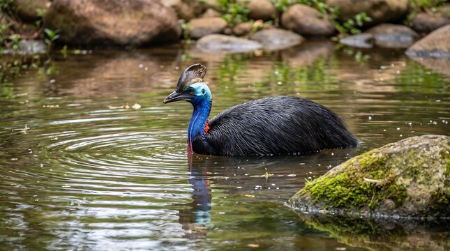 Exotic cassowary bird with blue head in water