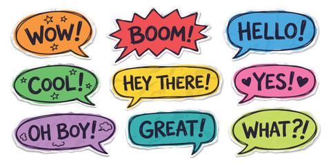 Set of colorful hand drawn comic speech bubbles with various expressions and exclamations in a flat art style © ZenVectors