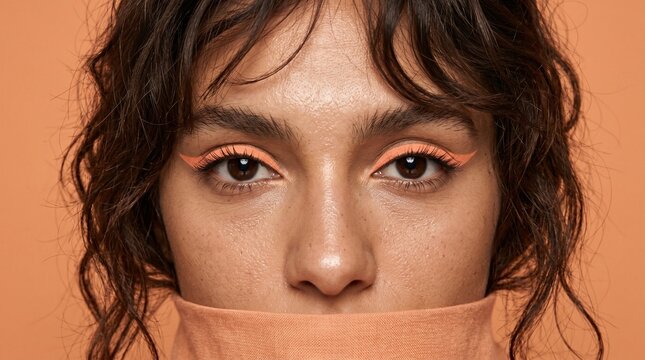 Vibrant Peach Glow Matte Upper Lash Eyeliner on Olive T-Zone Skin Dark Waves Model &mdash; Beauty Editorial