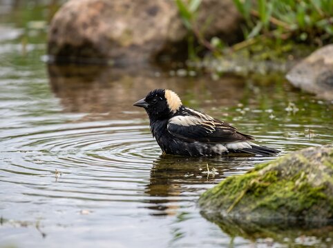 Bobolink bird wading in shallow water with ripples
