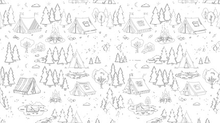 Fototapeta premium Outline pattern of camping scene with tents, canoes, and trees