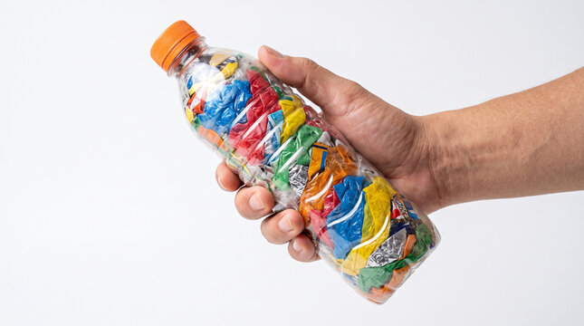 Hand holding an eco brick made of shredded plastic wrappers with red cap on white background 
