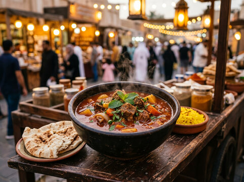 Traditional Middle Eastern Meat Stew at Night Market