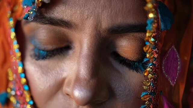 Close-up of a woman with blue eyes wearing a decorated orange veil. Traditional Indian ghoonghat with beads and tassels. Ethnic beauty and culture concept