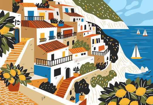 Amalfi Coast Cliffside Italy Mediterranean seaside village colorful houses terraced hills lemon trees sailboats blue sea scenic landscape