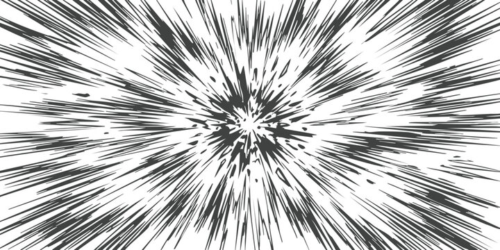 Black and white speed lines effect with a central burst pattern for comic book style action and fast motion