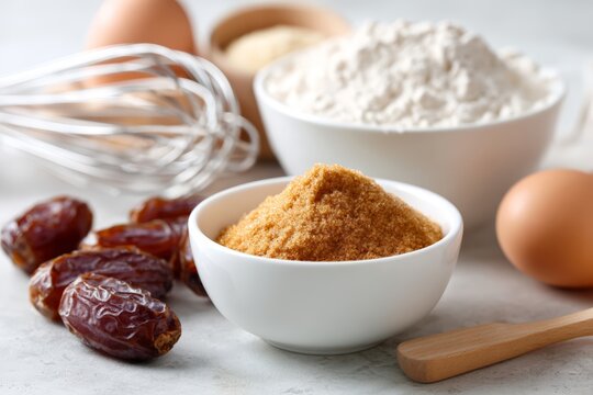 Small bowl of date sugar with whole dates flour eggs and whisk for commercial baking background and recipe banner design