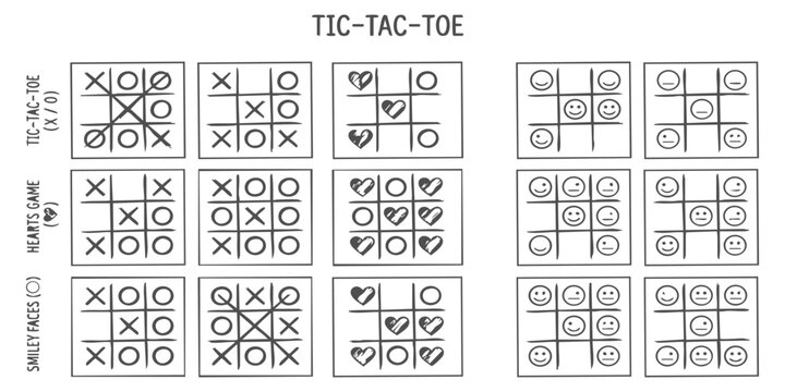 Hand drawn tic tac toe game board set with cross and circle and smiley face and heart shapes for kids play