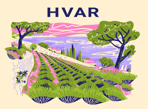 Hvar Croatia lavender fields landscape Mediterranean scenery colorful hills village cypress trees sea sky travel destination website banner